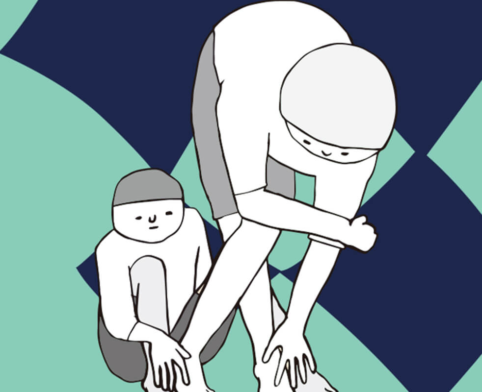 図：どちらの足を触られているか困惑している人のイラスト