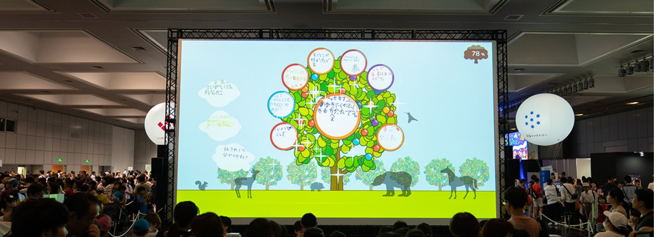 画像：こどもたち直筆のキヅキのカードが表示された大きなスクリーンのキヅキノキを多くの観覧者が眺めている様子