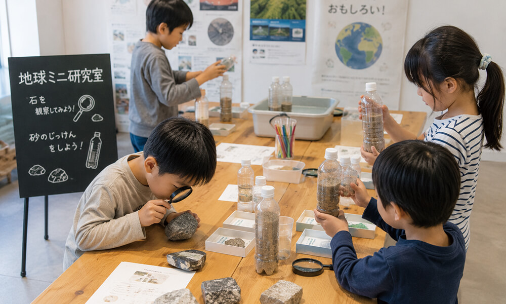 複数の子どもたちが砂の入ったペットボトルや石を虫眼鏡で観察している様子。