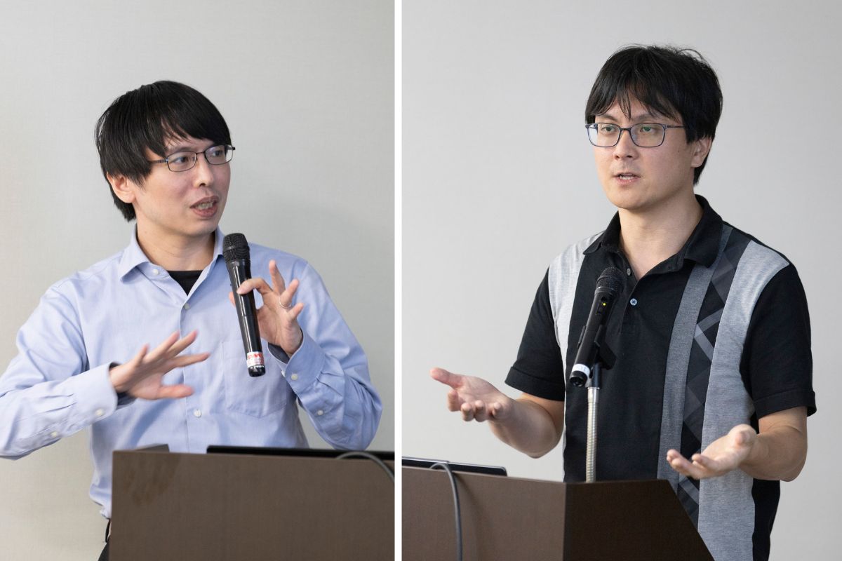 写真：スライドを見ながら発表を行う沙川氏と、参加者からの質問に答える川口氏